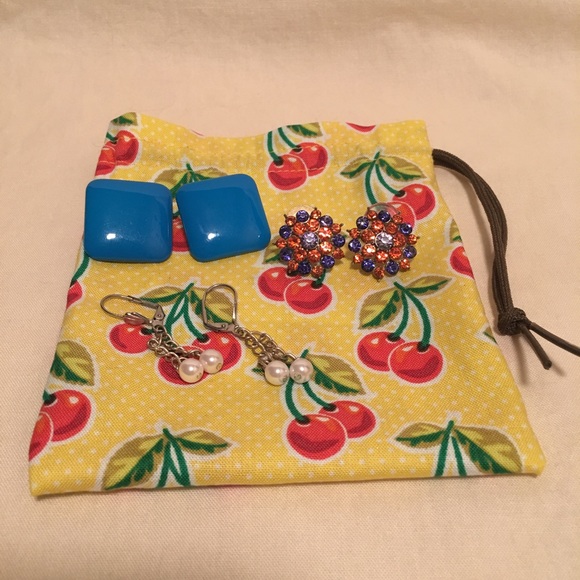 Orange & Blue Rhinestones, Blue, & Pearl Earrings - Picture 2 of 3